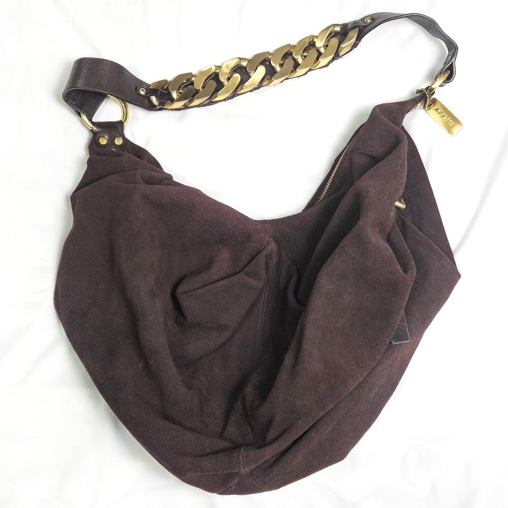 DKNY Slouchy Hobo Bag Brown Suede Chain Strap Y2K Boho Luxe